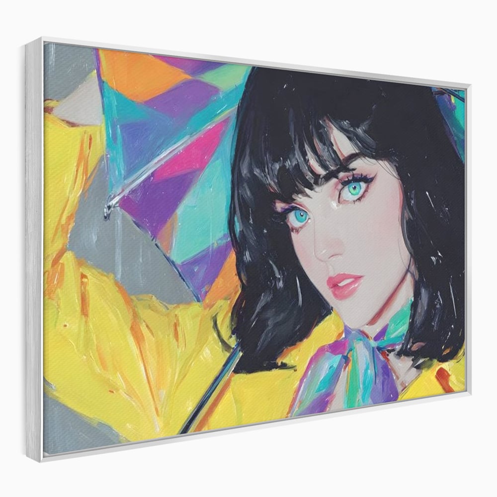 Tablou canvas cu pictura cu femeie bruneta si umbrela colorata, in rama de aluminiu argintiu